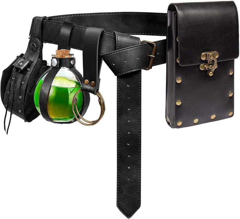 KOTORA Renaissance Belt Pouch Coin Purse Skirt Hike Set Medieval Festival Costume Halloween Accessories Casual Fanny Pack Waist Bag (Pouch & Bottle-Black) - Image 1
